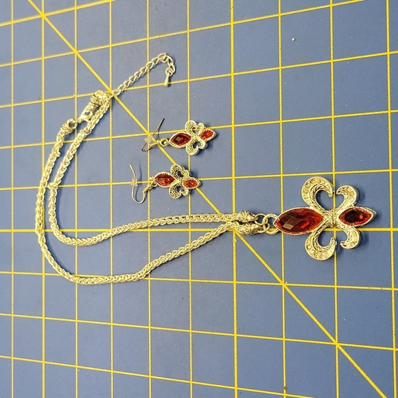Lafleur Red Stone with Rhinestone Accented 20" + 3" Necklace & Earrings - Picture 1 of 3